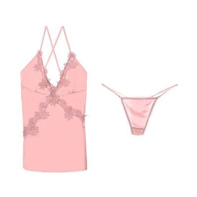 LacyMate™ Satin Embroidery Backless Nightdress Set