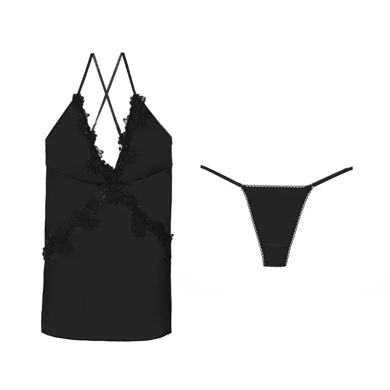 LacyMate™ Satin Embroidery Backless Nightdress Set