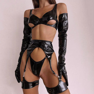 LacyMate™ Latex Leather Lingerie Set Black Pu